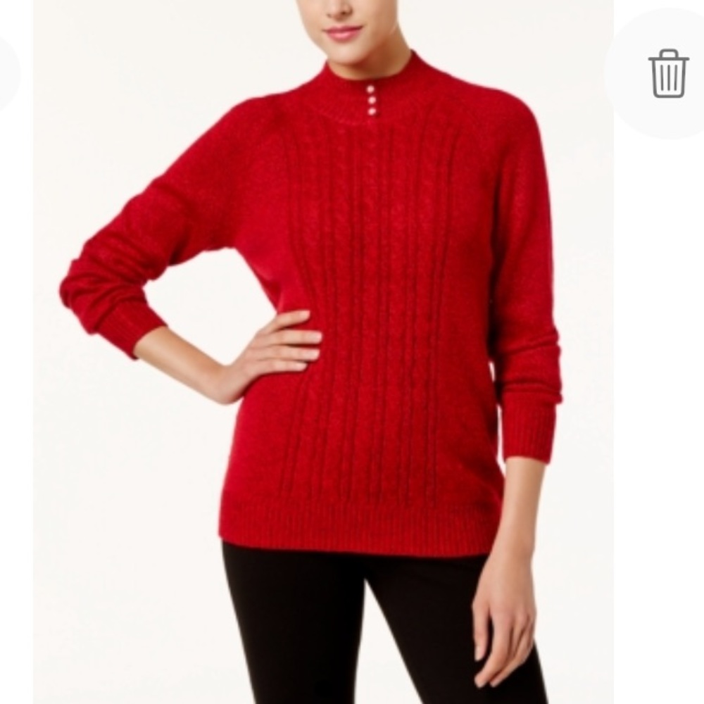NEW Karen Scott Mock Pearl Neck Cableknit Sweater, Size Small Petite, Red